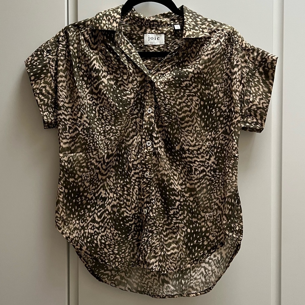 Joie Cheetah Leopard Print Loose Linen Button Up Top